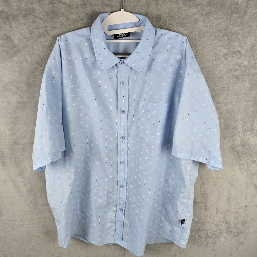 Red Ape Mens 2X Light Blue Anchor Print‎ Short Sleeve Button Down Shirt Nautical